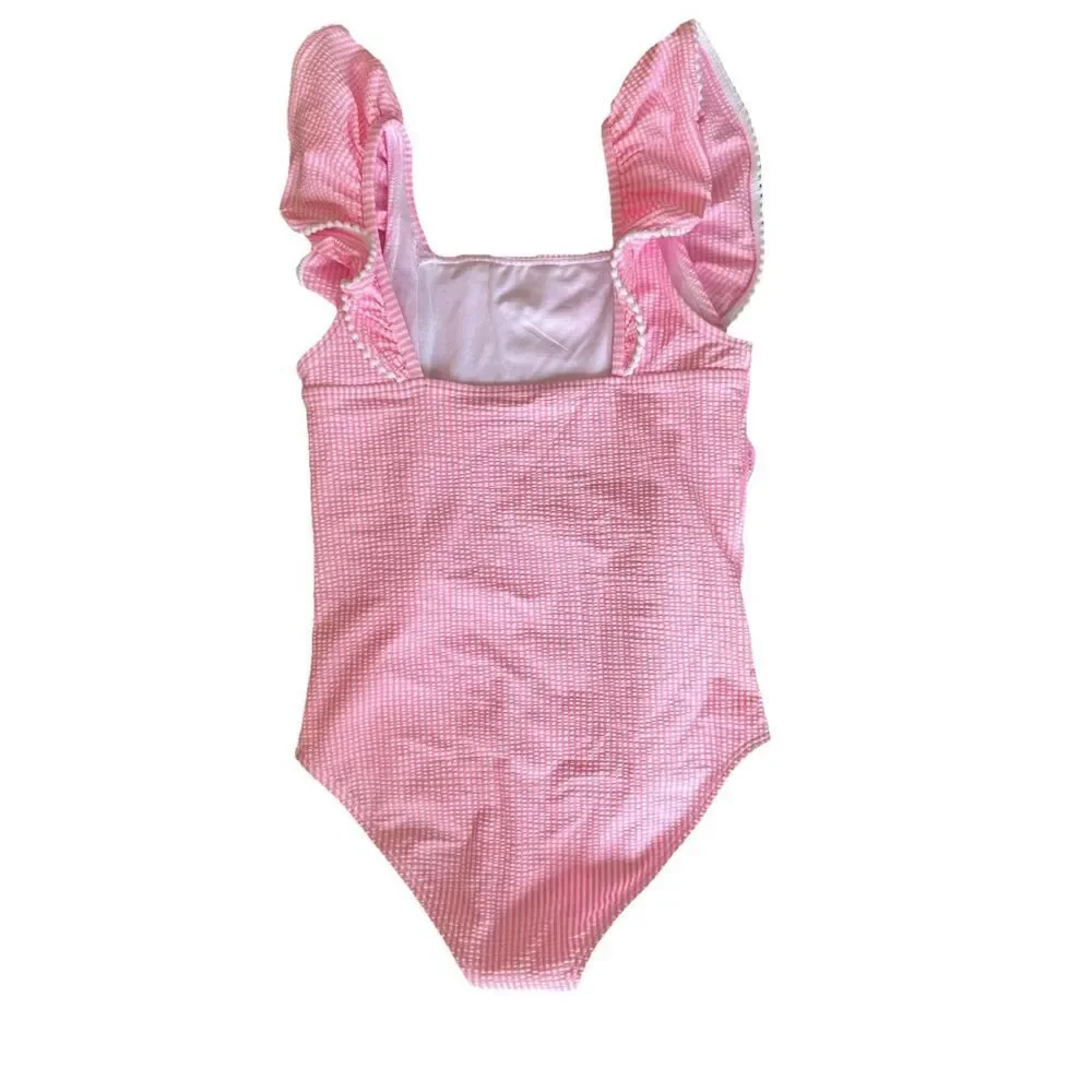 Janie And Jack Girls Pink White Striped One Piece Swimsuit Size 12 SPF 50+